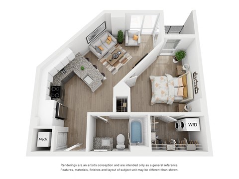 Floor plan for 1 bed, 1 bath, 627 sqft